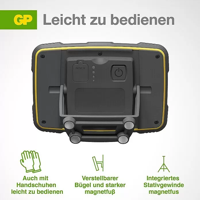 GP LED-Arbeitsleuchte CWP15 - 25 lm - 1.200 lm, Lichtfarbe: Neutralweiß, IPX7 - Robuste schwarz-gelbe Arbeitsleuchte mit verstellbarem Standfuß, Magnetfuß und einfacher Bedienung, auch mit Handschuhen.