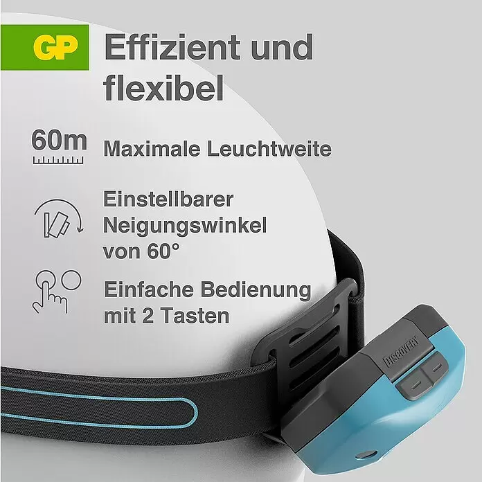 GP Stirnlampe CH44 - 61 x 47 x 37,3 mm, 35 lm - 300 lm, IPX4 - Informationsansicht