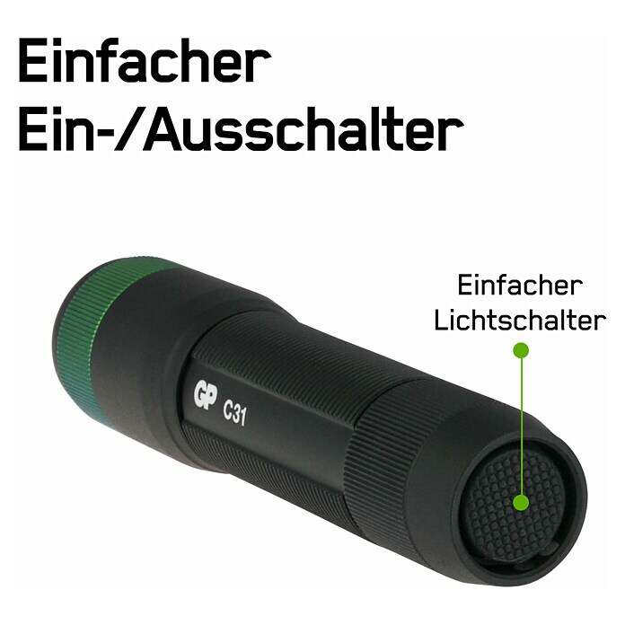 GP LED-Taschenlampe C31X (Batteriebetrieben, Schwarz/Grün, 100 lm) | BAUHAUS