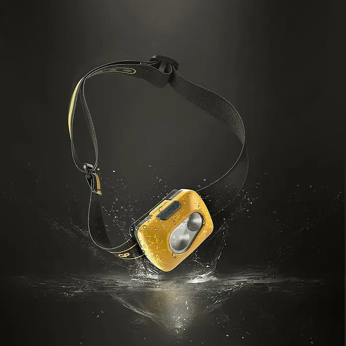 GP Stirnlampe CH42 - 59 x 45,6 x 33,5 mm, 40 lm - 110 lm, IPX4 - Wasserdichte gelbe Stirnlampe mit schwarzem Stirnband für Outdoor-Aktivitäten. Ideal zum Wandern und Camping, leuchtstark und zuverlässig.