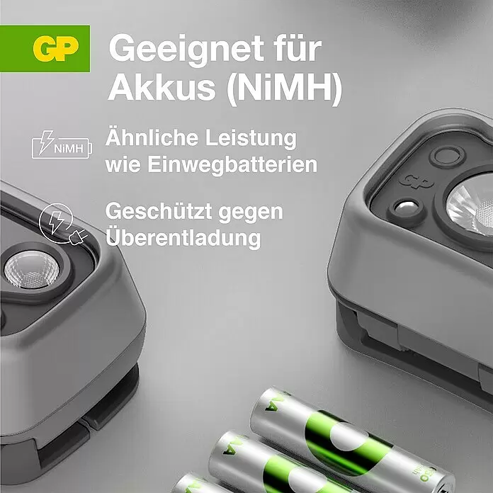 GP Stirnlampe CHW54 - 66 x 48,7 x 37,5 mm, 34 lm - 375 lm, IPX5 - Informationsansicht