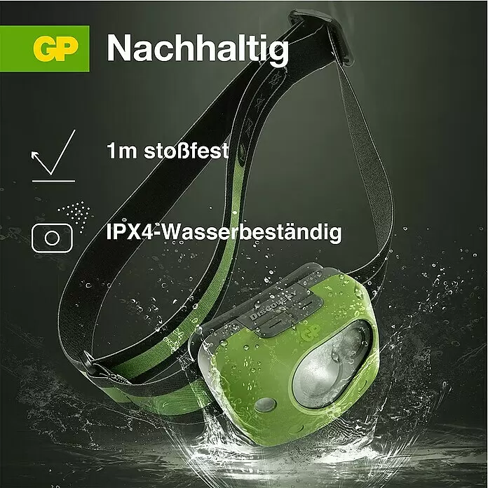 GP Stirnlampe CH43 - 61 x 47 x 37,3 mm, 35 lm - 150 lm, IPX4 - Grüne GP-Stirnlampe mit schwarzem Band, spritzwassergeschützt (IPX4) und 1m stoßfest.