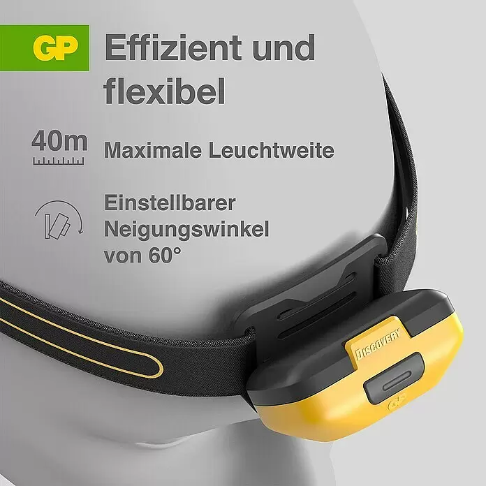 GP Stirnlampe CH42 - 59 x 45,6 x 33,5 mm, 40 lm - 110 lm, IPX4 - Informationsansicht