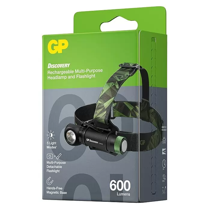 GP Stirnlampe /Taschenlampe CH35 - 15 lm - 600 lm, IPX4 - Diagonale Ansicht