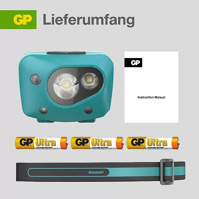 GP Stirnlampe CH44 - 61 x 47 x 37,3 mm, 35 lm - 300 lm, IPX4 - Informationsansicht