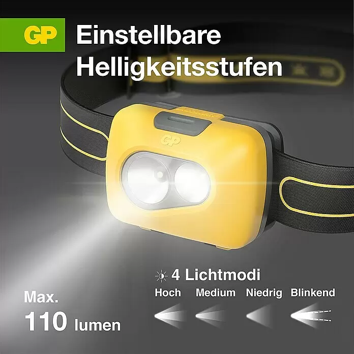 GP Stirnlampe CH42 - 59 x 45,6 x 33,5 mm, 40 lm - 110 lm, IPX4 - Informationsansicht
