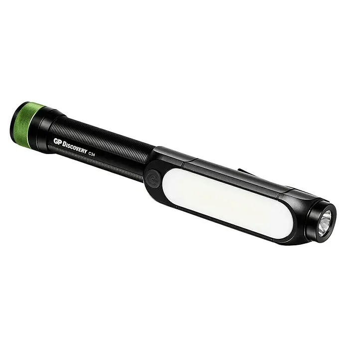 GP Taschenlampe C34 - 85 lm - 550 lm, IPX4 - Bild einer GP Discovery C34 LED-Arbeitsleuchte mit grünen Akzenten, die für vielseitige Beleuchtungsaufgaben entwickelt wurde.