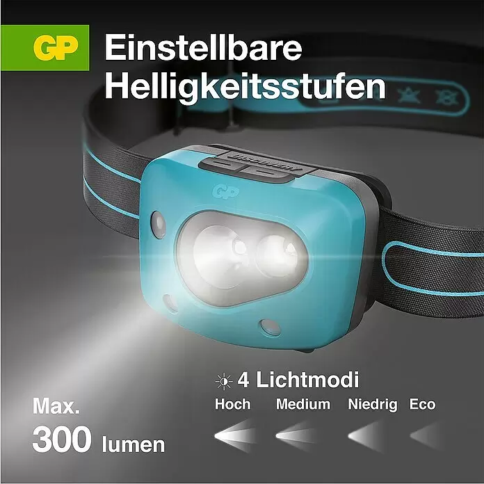 GP Stirnlampe CH44 - 61 x 47 x 37,3 mm, 35 lm - 300 lm, IPX4 - Informationsansicht