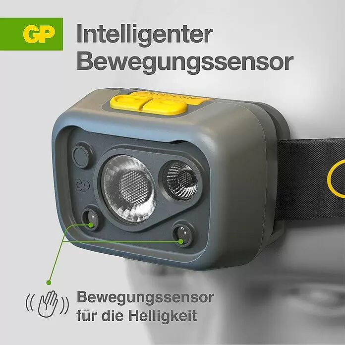 GP Stirnlampe CHW54 - 66 x 48,7 x 37,5 mm, 34 lm - 375 lm, IPX5 - Informationsansicht