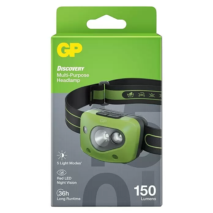 GP Stirnlampe CH43 - 61 x 47 x 37,3 mm, 35 lm - 150 lm, IPX4 - Grün-schwarze GP Discovery Stirnlampe auf Verpackung. Merkmale: 5 Lichtmodi, rote LED-Nachtsicht, 36h Laufzeit, 150 Lumen.