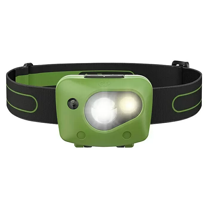 GP Stirnlampe CH43 - 61 x 47 x 37,3 mm, 35 lm - 150 lm, IPX4 - Grüne Stirnlampe mit schwarzem und grünem elastischem Band und zwei hellen Lichtern.