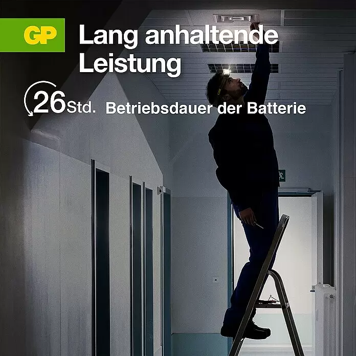 GP Stirnlampe CHW54 - 66 x 48,7 x 37,5 mm, 34 lm - 375 lm, IPX5 - Informationsansicht