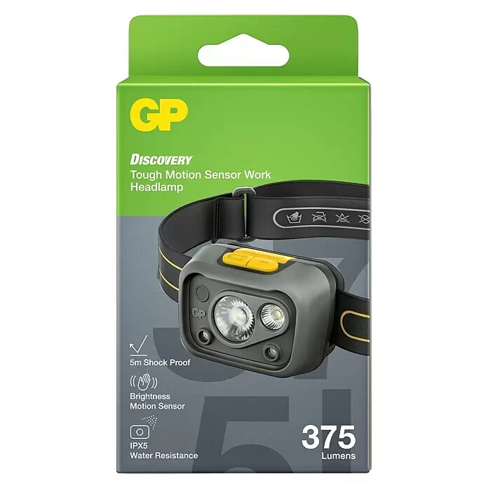 GP Stirnlampe CHW54 - 66 x 48,7 x 37,5 mm, 34 lm - 375 lm, IPX5 - Vorderansicht