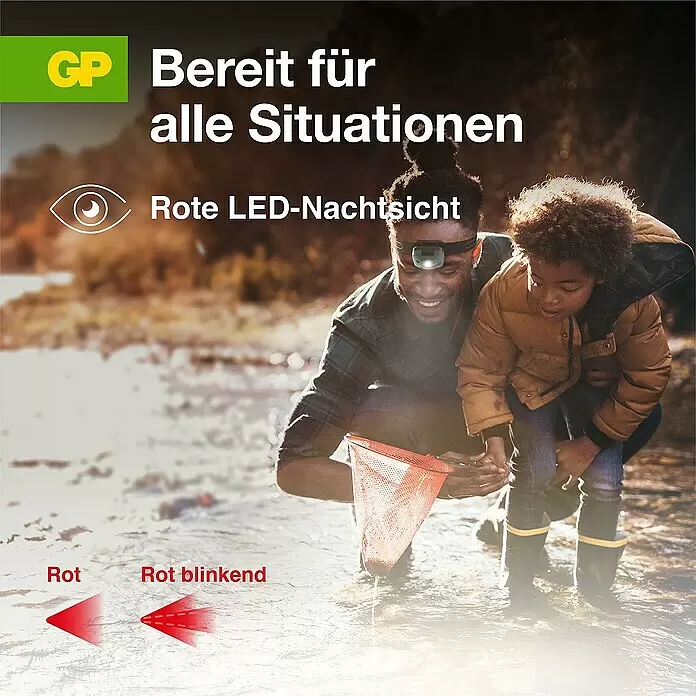 GP Stirnlampe CH44 - 61 x 47 x 37,3 mm, 35 lm - 300 lm, IPX4 - Informationsansicht