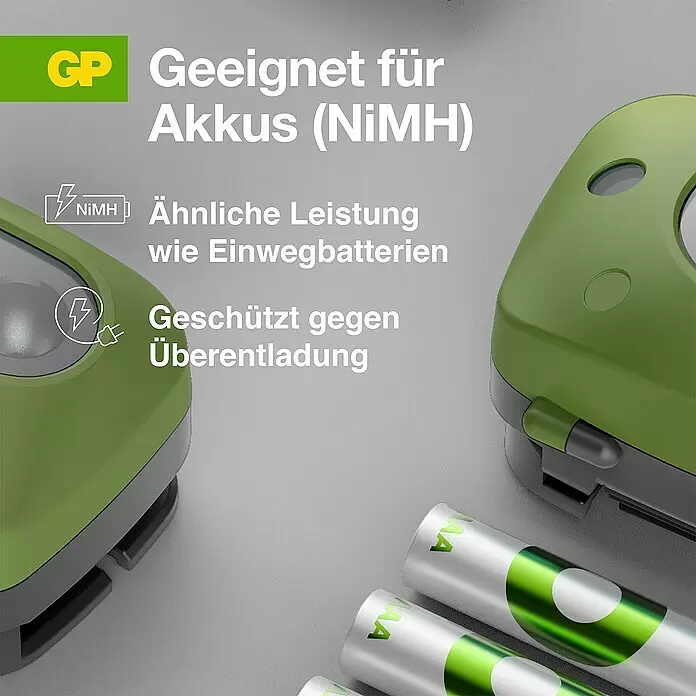 GP Stirnlampe CH43 - 61 x 47 x 37,3 mm, 35 lm - 150 lm, IPX4 - Grüne und silberne GP NiMH Akkus (AA, AAA) mit Ladegerät, bieten ähnliche Leistung wie Einwegbatterien und Überentladungsschutz.