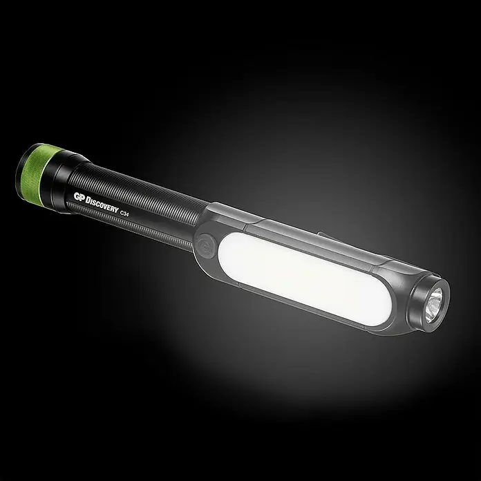 GP Taschenlampe C34 - 85 lm - 550 lm, IPX4 - Eine GP Discovery C34 Arbeitsleuchte im Detail, die mit einem hellen LED-Panel und einer zusätzlichen Taschenlampenfunktion ausgestattet ist.