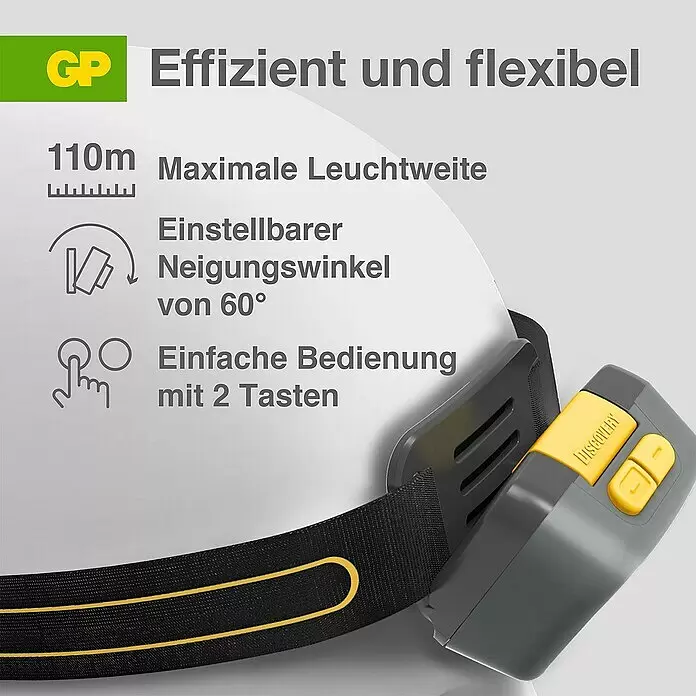 GP Stirnlampe CHW54 - 66 x 48,7 x 37,5 mm, 34 lm - 375 lm, IPX5 - Informationsansicht