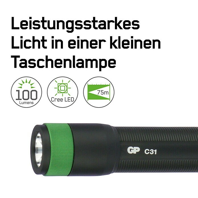 GP LED-Taschenlampe C31X (Batteriebetrieben, Schwarz/Grün, 100 lm) | BAUHAUS