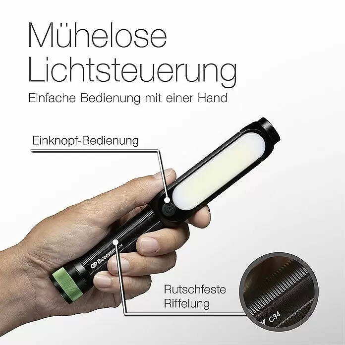 GP Taschenlampe C34 - 85 lm - 550 lm, IPX4 - Informationsansicht