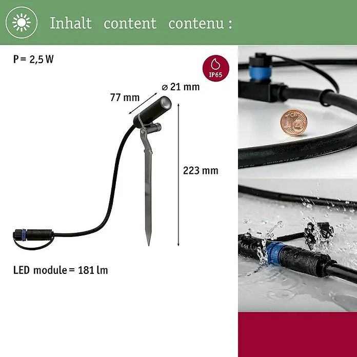 Paulmann Plug & Shine LED-Gartenspot Plantini - 2 W, Erdspieß, Höhe: 22,3 cm, 24 V - Abbildung einer LED-Gartenleuchte mit Erdspieß, technischen Daten und Wasserdichtigkeitssymbol, ideal für die Gartenbeleuchtung.