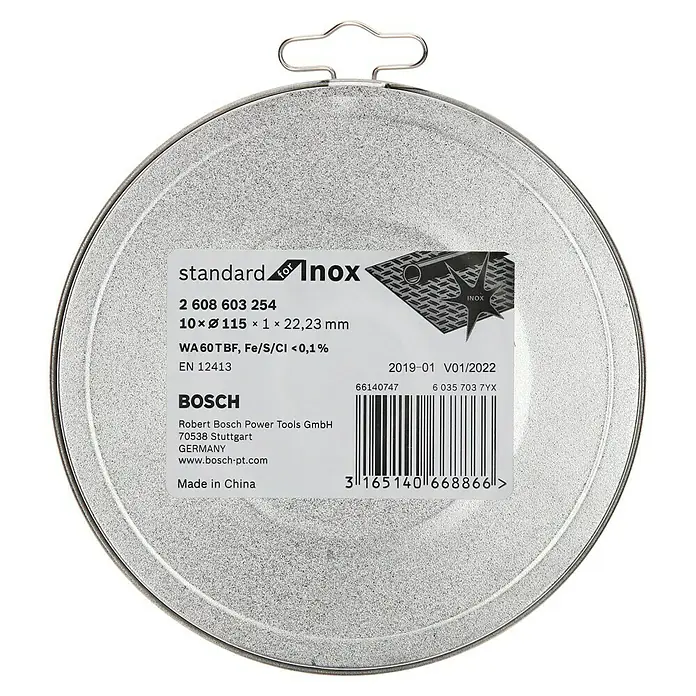 Bosch Disco de corte - Orificio: 22,23 mm, Diámetro del disco: 115 milímetros (mm) - Lata metálica con un disco de corte Standard Inox de Bosch, ideal para cortar acero inoxidable, con dimensiones de 10 x Ø 115 x 1 x 22,23 mm.