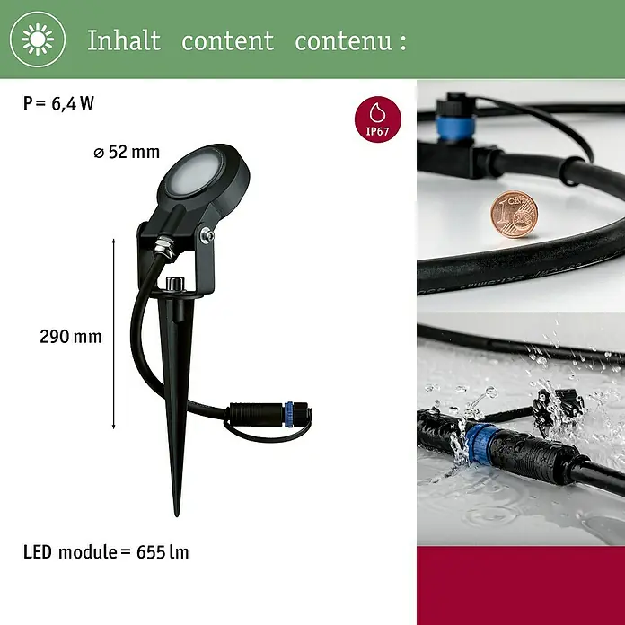 Paulmann Plug & Shine LED-Gartenspot Sting - 6 W, 24 V, Erdspieß, Höhe: 29 cm - Abbildung einer LED-Gartenleuchte mit Erdspieß, wasserdicht (IP67), 6,4 W Leistung und 655 lm Lichtstrom. Durchmesser 52 mm, Höhe 290 mm.