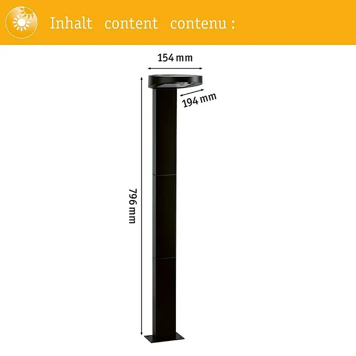 Paulmann Solar-Sockelleuchte Ryse - Anthrazit, Höhe: 79,6 cm, Warmweiß - Bild einer schwarzen Gartenlampe mit den Maßen 154 mm Breite, 194 mm Tiefe und 796 mm Höhe.
