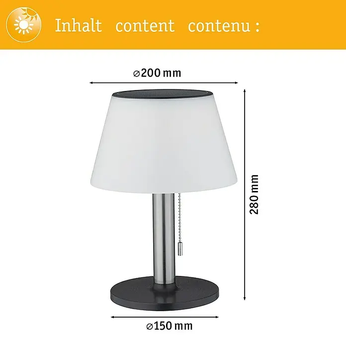 Paulmann Solar-Dekoleuchte Lillesol - 0,8 W, Edelstahl, IP44 - Bild einer Tischleuchte mit den Maßen 200mm Durchmesser des Lampenschirms, 150mm Durchmesser des Lampenfußes und 280mm Gesamthöhe.