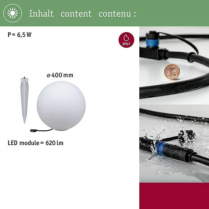 Paulmann Plug & Shine LED-Außenleuchte - Durchmesser: 40 cm, 1-fach, Warmweiß, IP67 - Weiße kugelförmige LED-Gartenleuchte (Ø400mm, 6.5W, 620lm) mit Erdspieß und wasserdichtem IP67-Stecker.