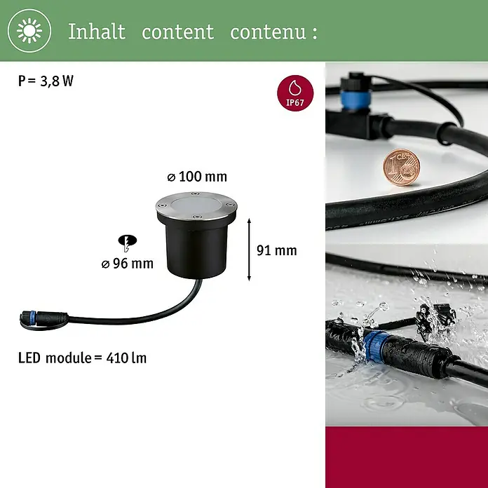Paulmann Plug & Shine Bodeneinbauleuchte - 3,6 W, Warmweiß, IP65, Rund - Abbildung einer runden, schwarzen Bodeneinbauleuchte mit den Maßen 100 mm Durchmesser, 91 mm Höhe und Schutzart IP67.