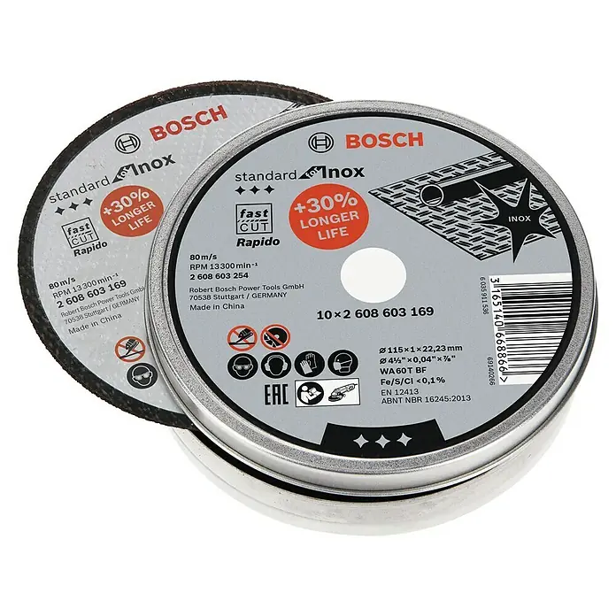 Bosch Disco de corte - Orificio: 22,23 mm, Diámetro del disco: 115 milímetros (mm) - Imagen de dos discos de corte Bosch Standard Inox, diseñados para una vida útil más larga y un corte rápido.