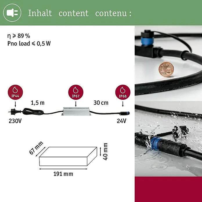 Paulmann Plug & Shine LED-Trafo - Max. Leistung: 150 W, 24 V, Silber, IP67 - Produktbild mit Inhaltsangabe, technischen Daten und Abmessungen einer elektronischen Baugruppe.