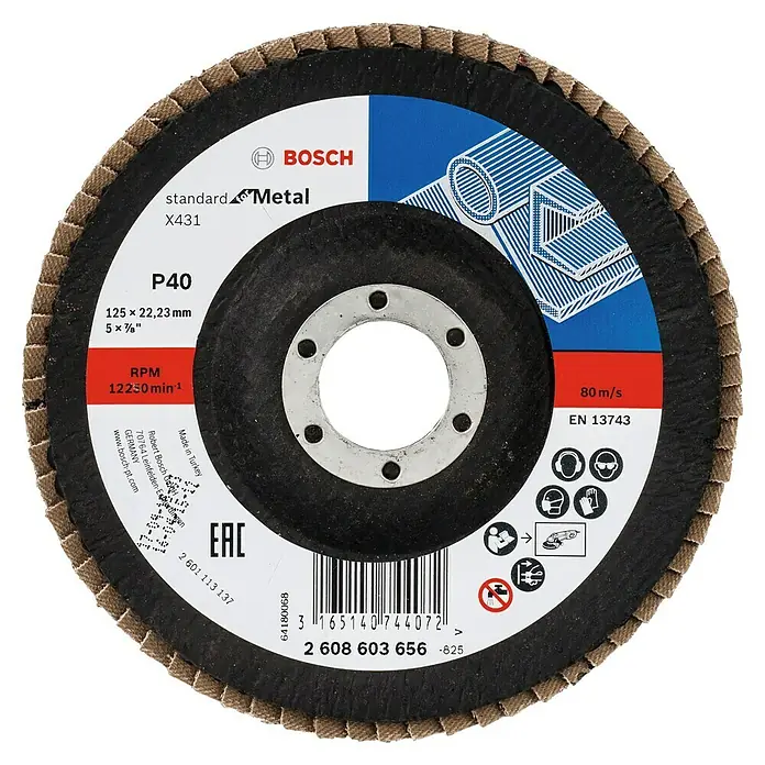 Bosch Fächerscheibe X431 Standard for Metal - Durchmesser Scheibe: 125 mm, Körnung: 40 - Bosch Standard Metal X431 Schleifmopteller P40, 125 x 22,23 mm, ideal für Metallbearbeitung mit 12250 U/min und 80 m/s.
