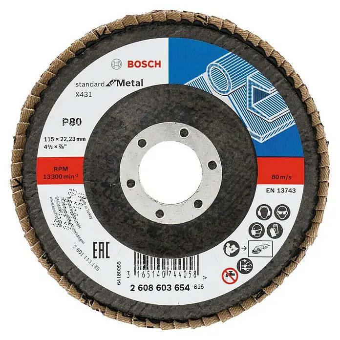 Bosch Fächerscheibe X431 - Durchmesser Scheibe: 115 mm, Körnung: 80, 1 Stk. - Bosch Schleifmopteller Standard Metal X431, P80, 115 mm Durchmesser für effektives Schleifen von Metalloberflächen.