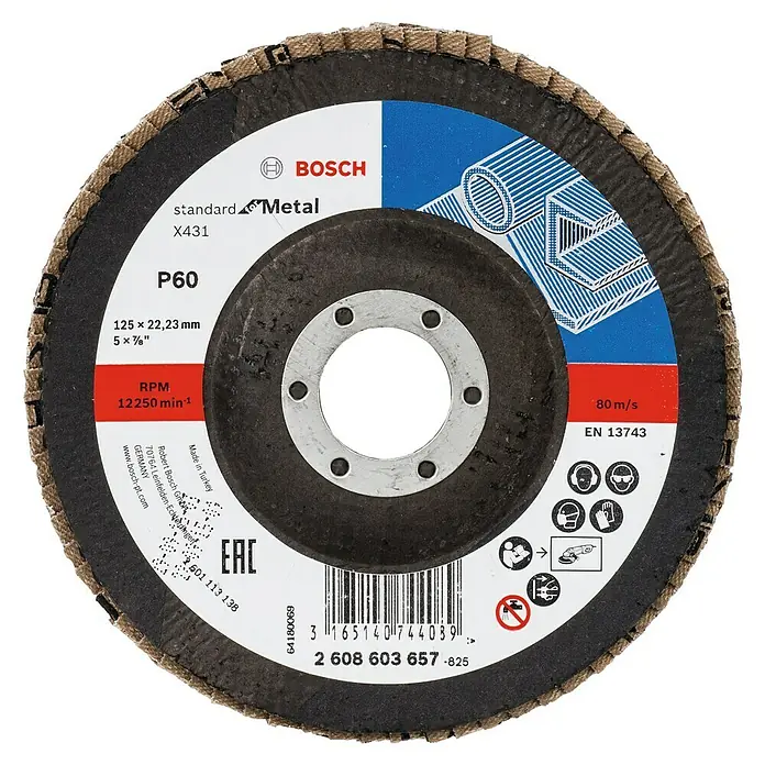 Bosch Fächerscheibe X431 Standard for Metal - Durchmesser Scheibe: 125 mm, Körnung: 60 - Das Bild zeigt eine Bosch Standard Metal X431 Schleifscheibe P60, geeignet für Metallarbeiten, mit technischen Spezifikationen und Sicherheitsinformationen.