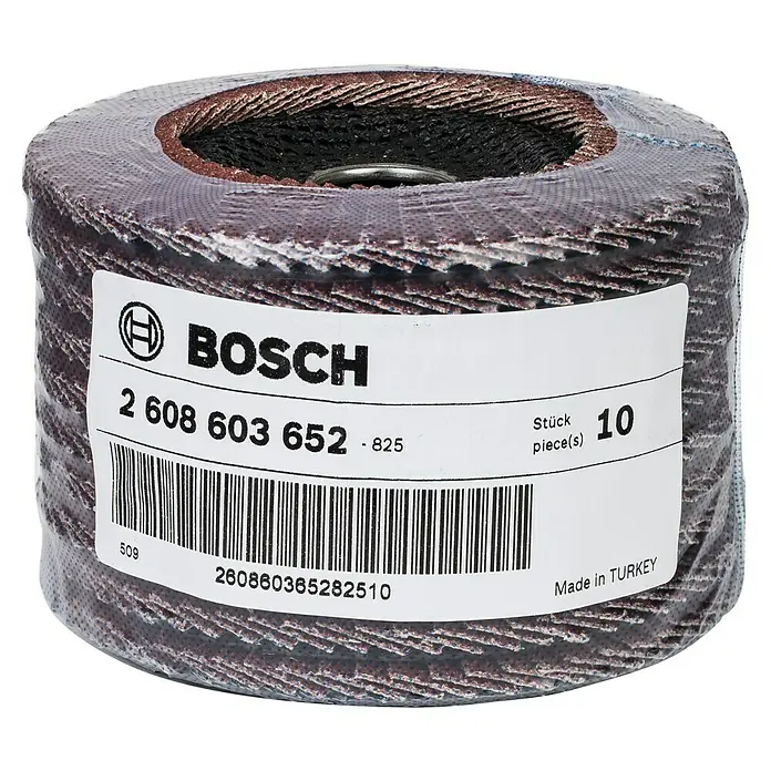 Bosch Fächerscheibe X431 - Durchmesser Scheibe: 115 mm, Körnung: 40, 1 Stk. - Bild einer Bosch Schleifmoptellerrolle mit 10 Stück, verpackt und mit Produktinformationen versehen.