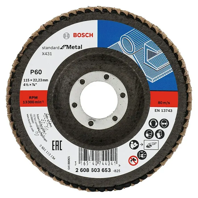 Bosch Fächerscheibe X431 - Durchmesser Scheibe: 115 mm, Körnung: 60, 1 Stk. - Bild einer Bosch Standard Metal X431 P60 Schleifscheibe, geeignet für Metallbearbeitung, mit technischen Spezifikationen.