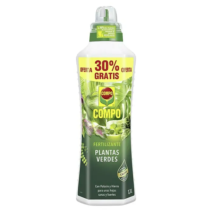Compo Fertilizante para plantas verdes - 1,3 l - Imagen de una botella de 1,3L de fertilizante COMPO para plantas verdes con 30% gratis, hecha con un 90% de plástico reciclado.