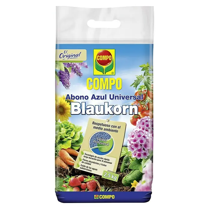 Compo Abono Azul Universal Novotec - 2,5 kg - Imagen del paquete de fertilizante universal COMPO Blaukorn con gránulos azules para cultivos exitosos y plantas sanas.