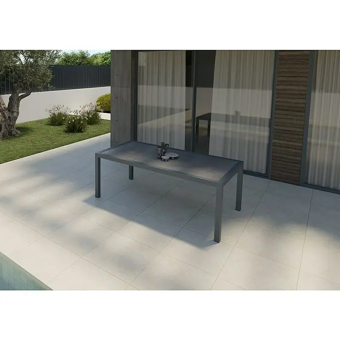 Mesa de jardín Mistral - L x An x Al: 192 x 102 x 74 cm, Aluminio/Cerámica, Antracita - Elegante juego de mesa de comedor gris para exterior en un patio. Perfecto para comidas al aire libre.