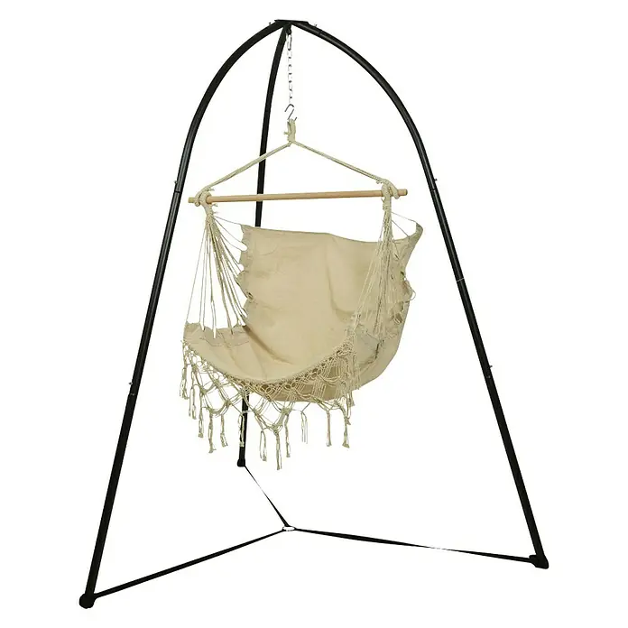 Gancho de asiento - Carga soportada: 120 kg - Cómoda silla colgante con detalles de macramé, suspendida de una robusta estructura de metal. Perfecta para relajarse en interiores o exteriores.