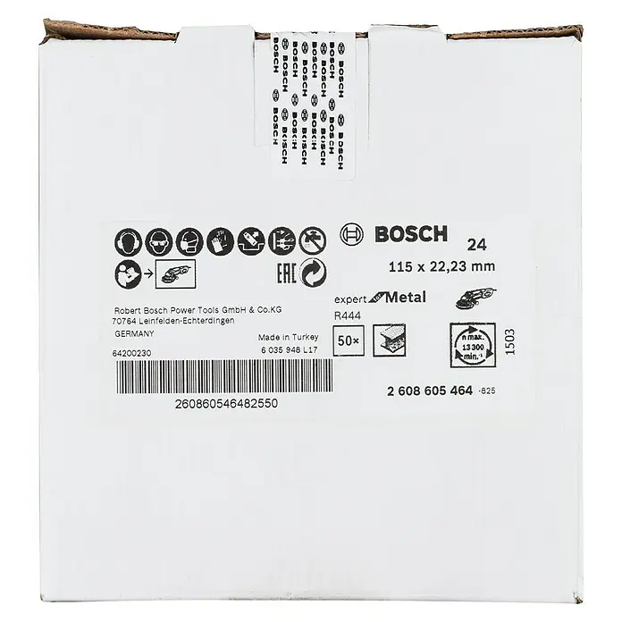 Bosch Fiberscheiben R444 Expert for Metal - Durchmesser Scheibe: 115 mm, Körnung: 24, 1 Stk. - Das Bild zeigt eine Packung Bosch Expert Metal Trennscheiben (50 Stück) mit den Maßen 115 x 22,23 mm.