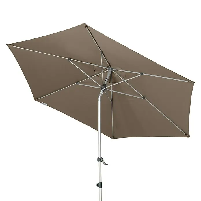 Doppler Expert Marktschirm rund Auto Tilt - Greige, Durchmesser Bespannung: 320 cm - Bild einer rechteckigen, braunen Gartenschirms mit silbernem Gestell, ideal für sonnige Tage im Freien.