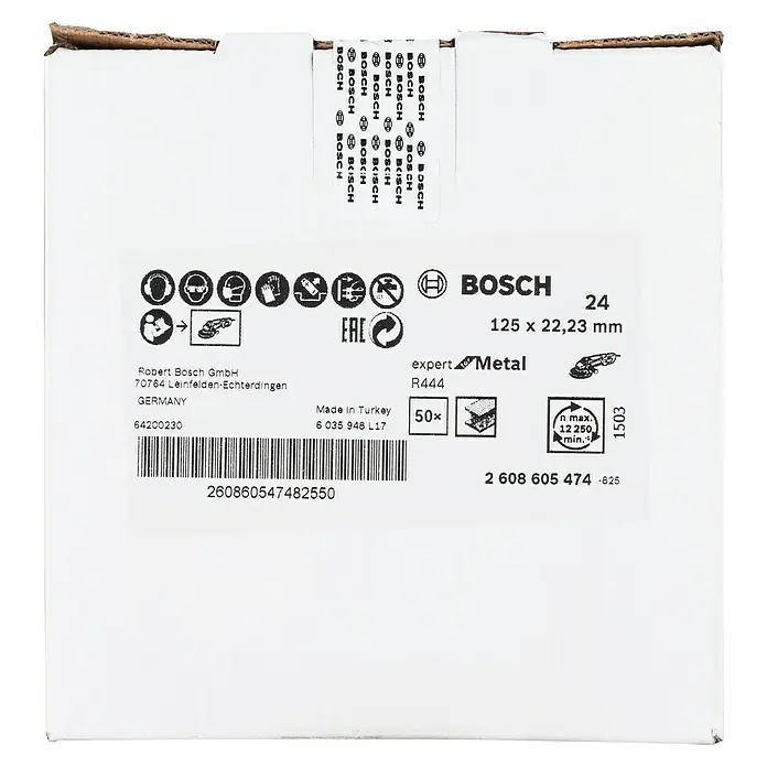 Bosch Fiberscheiben R444 Expert for Metal - Durchmesser Scheibe: 125 mm, Körnung: 24, 1 Stk. - Abbildung einer Bosch Expert Metal Trennscheibe (24) mit den Maßen 125 x 22,23 mm, ideal zum Schneiden von Metall.