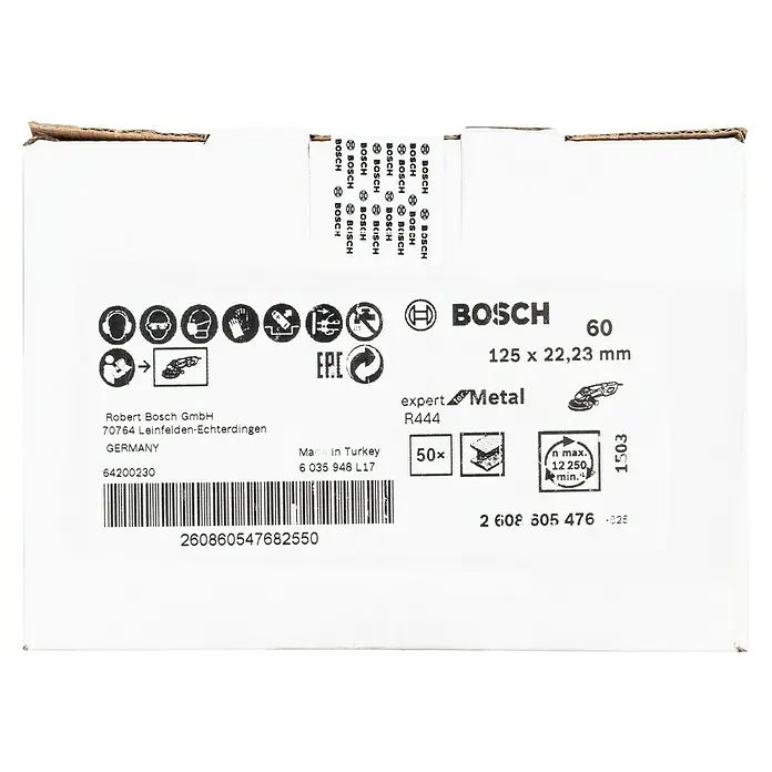Bosch Fiberscheiben R444 Expert for Metal - Durchmesser Scheibe: 125 mm, Körnung: 60, 1 Stk. - Etikett der Bosch Expert for Metal Trennscheibe (125x22,23 mm). Sicherheitshinweise und technische Daten sind abgebildet.
