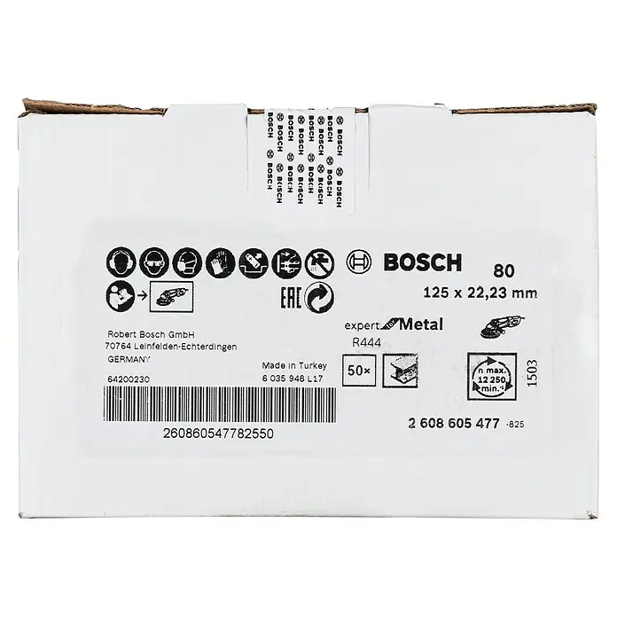 Bosch Fiberscheiben R444 Expert for Metal - Durchmesser Scheibe: 125 mm, Körnung: 80, 1 Stk. - Bild einer Bosch Expert Metal Trennscheibe (80) mit den Maßen 125 x 22,23 mm.