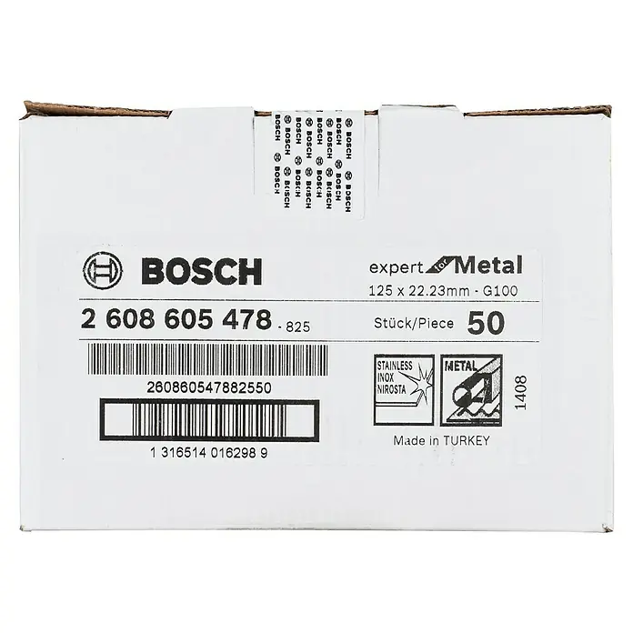 Bosch Fiberscheiben R444 Expert for Metal - Durchmesser Scheibe: 125 mm, Körnung: 100, 1 Stk. - Bild einer Bosch Expert for Metal Trennscheibe (125 x 22,23 mm), geeignet für Edelstahl und Metall, hergestellt in der Türkei.