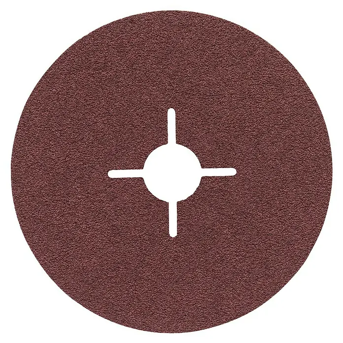 Bosch Fiberscheiben R444 Expert for Metal - Durchmesser Scheibe: 125 mm, Körnung: 60, 1 Stk. - Nahaufnahme einer braunen Schleifscheibe mit einem Lochmuster in der Mitte, ideal für Schleifarbeiten.