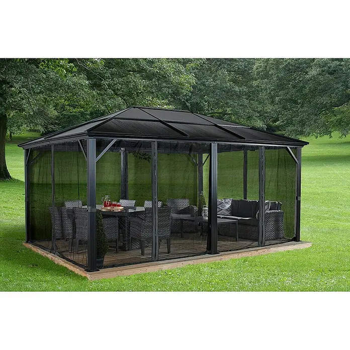 Sojag Standard-Pavillon Meridien 12 x 16 - B x T: 485 x 365 cm, Farbe Gestell: Anthrazit, Aluminium - Dieses Bild zeigt einen Pavillon mit Moskitonetz, der sich perfekt für Outdoor-Veranstaltungen eignet und Schutz vor Insekten bietet.