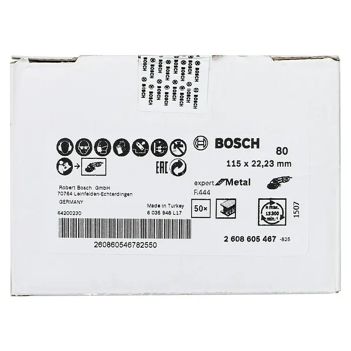 Bosch Fiberscheiben R444 Expert for Metal - Durchmesser Scheibe: 115 mm, Körnung: 80, 1 Stk. - Etikett einer Bosch Trennscheibe Expert Metal, 115 x 22,23 mm, für Metallarbeiten, mit Sicherheits- und Herstellerinformationen.